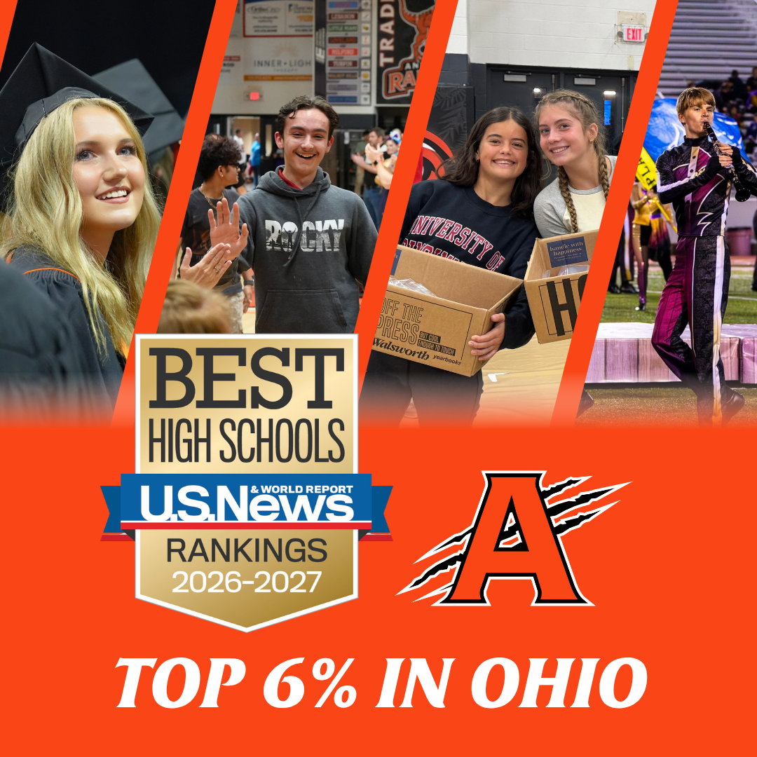 Collection of photos of Anderson students with the U.S. News best high schools badge, the "A" logo with clawmarks and text "Top 6% in Ohio"